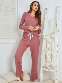 Thumbnail for Notched Long Sleeve Top and Pants Set - 2 PCS. - T - 3 COLORS -