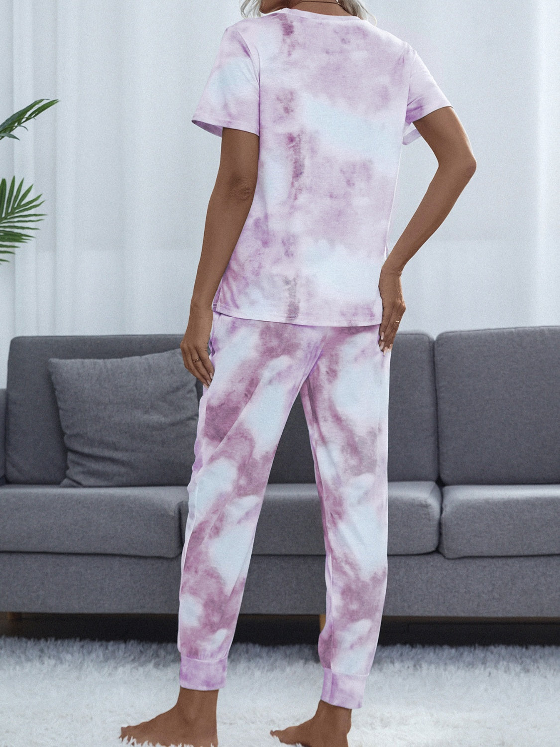 Tie-Dye Round Neck Top and Pants Lounge set - 2 PCS - T - 2 COLORS -