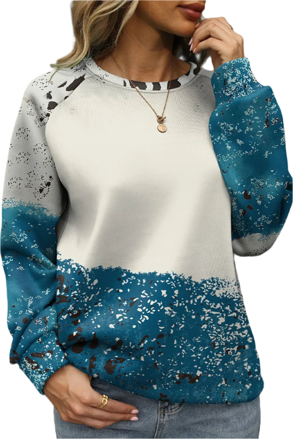 Printed Round Neck Long Sleeve Sweatshirt - T - 1 COLOR -