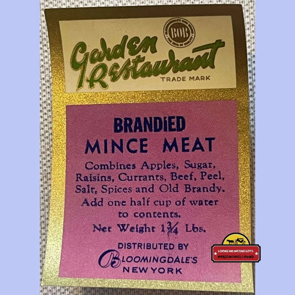 Rare Antique Vintage 1910s-1930s Golden Restaurant Mince Meat Label, Bloomingdales, NY