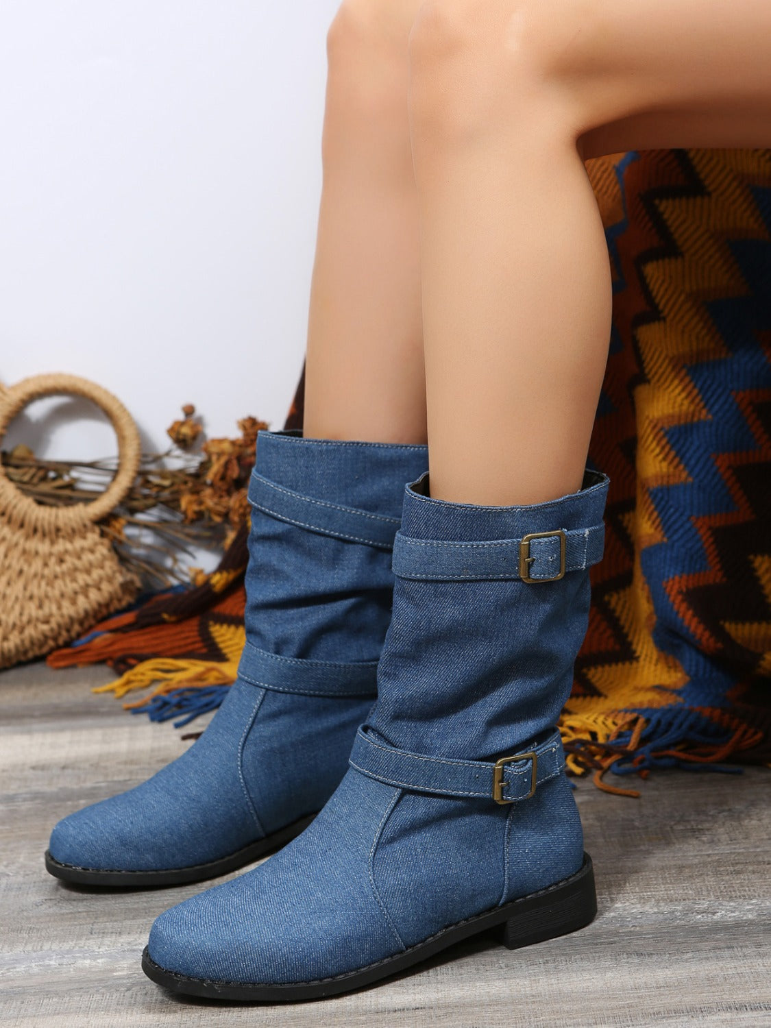 Double Buckle Block Heel Boots - T - 2 COLORS -