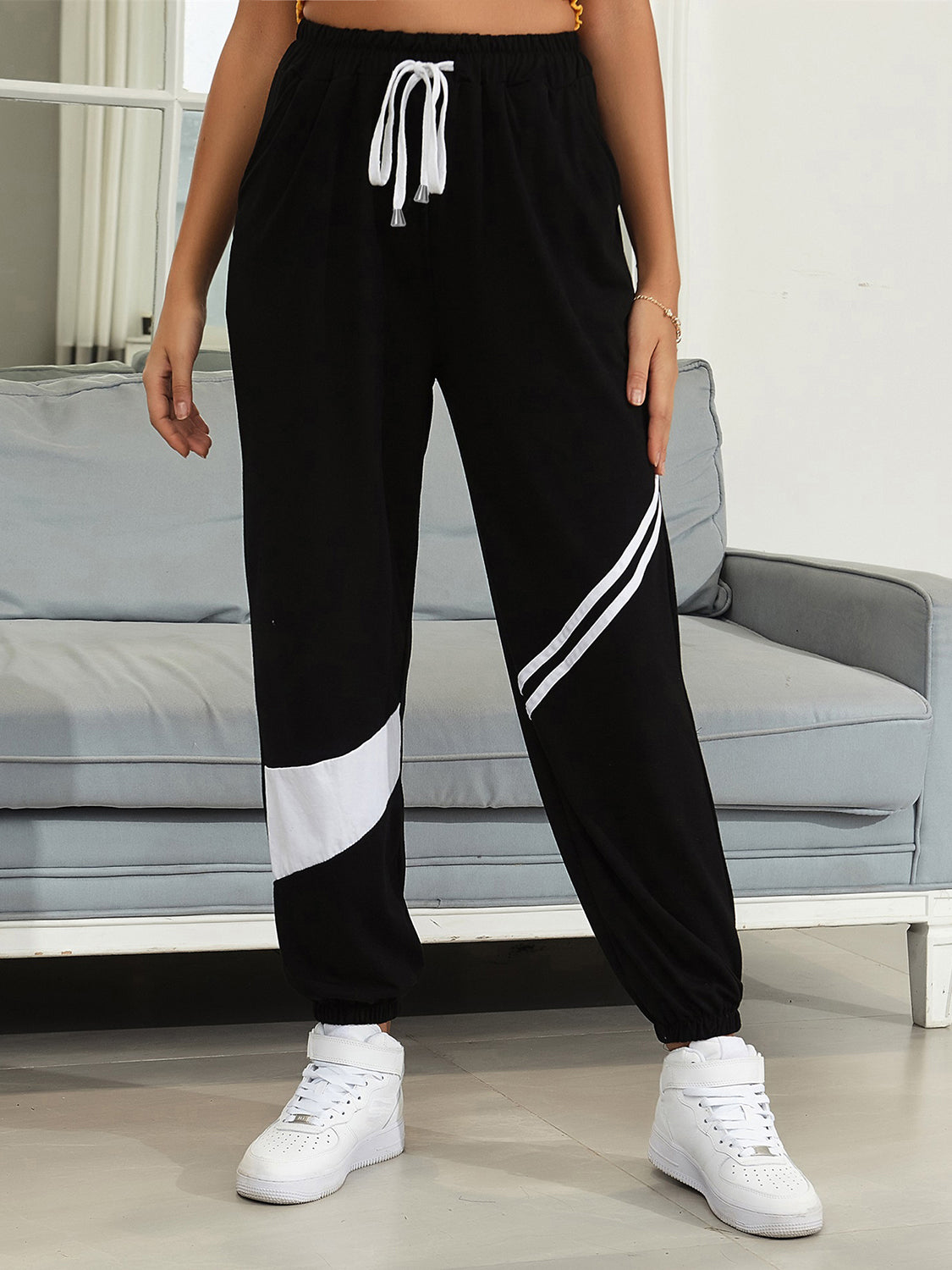 Drawstring Contrast Joggers with Pockets - T - 1 COLOR -