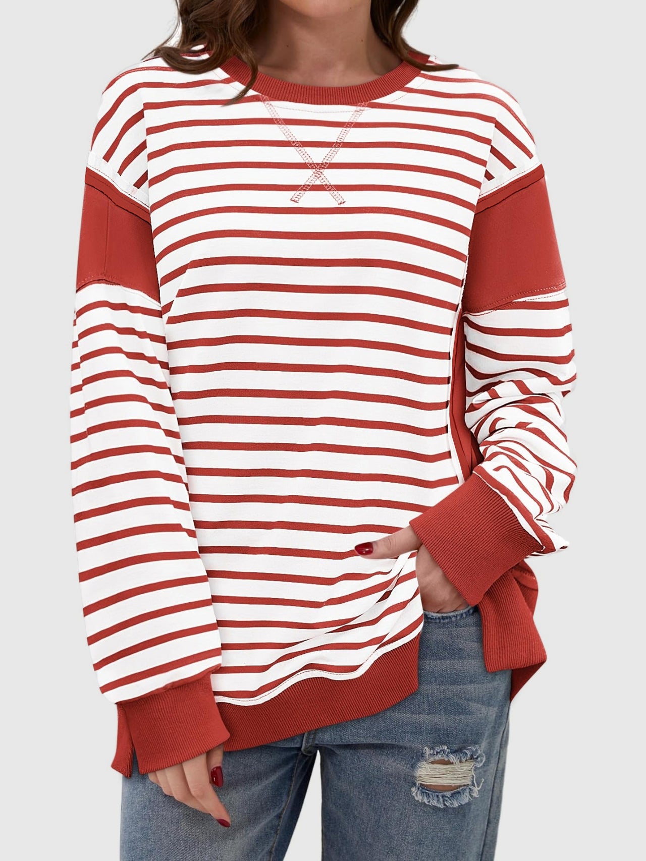 Slit Exposed Seam Striped Long Sleeve Sweatshirt - T - 8 COLORS -