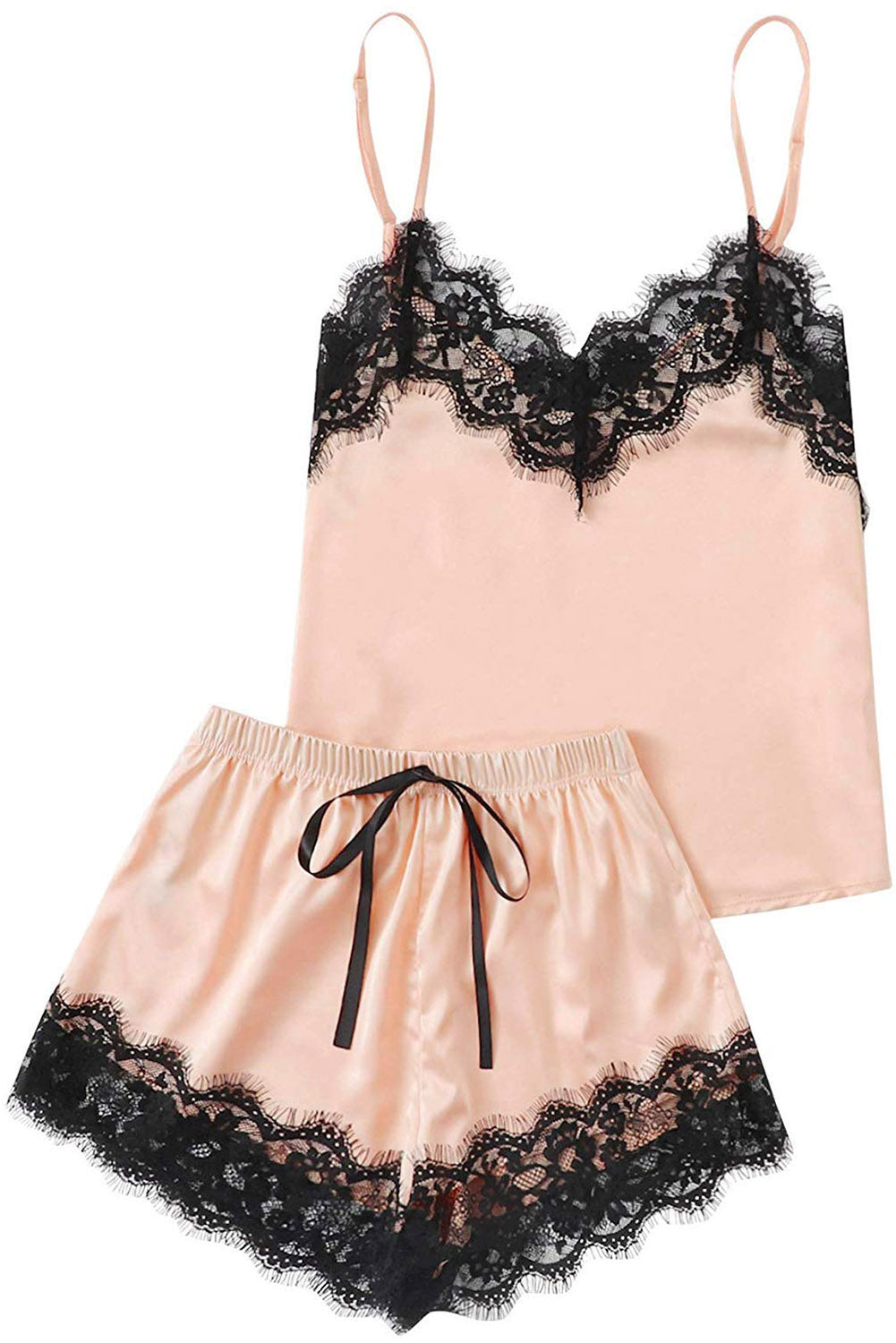 Lace Detail Spaghetti Strap Top and Shorts Lounge Set - T - 3 COLORS -