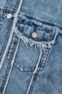 Thumbnail for Raw Hem Drawstring Plaid Denim Jacket - T - 1 COLOR -