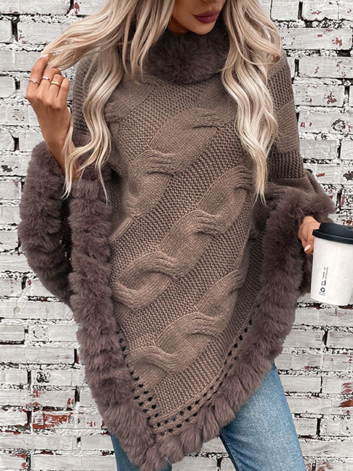 Fuzzy Hem Cable-Knit Poncho - 1 SIZE - T - 6 COLORS -