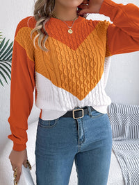 Thumbnail for Contrast Round Neck Long Sleeve Sweater - T - 3 COLORS -