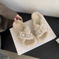 Thumbnail for Crisscross Rhinestone Trim Open Toe Slippers - T - 4 COLORS -