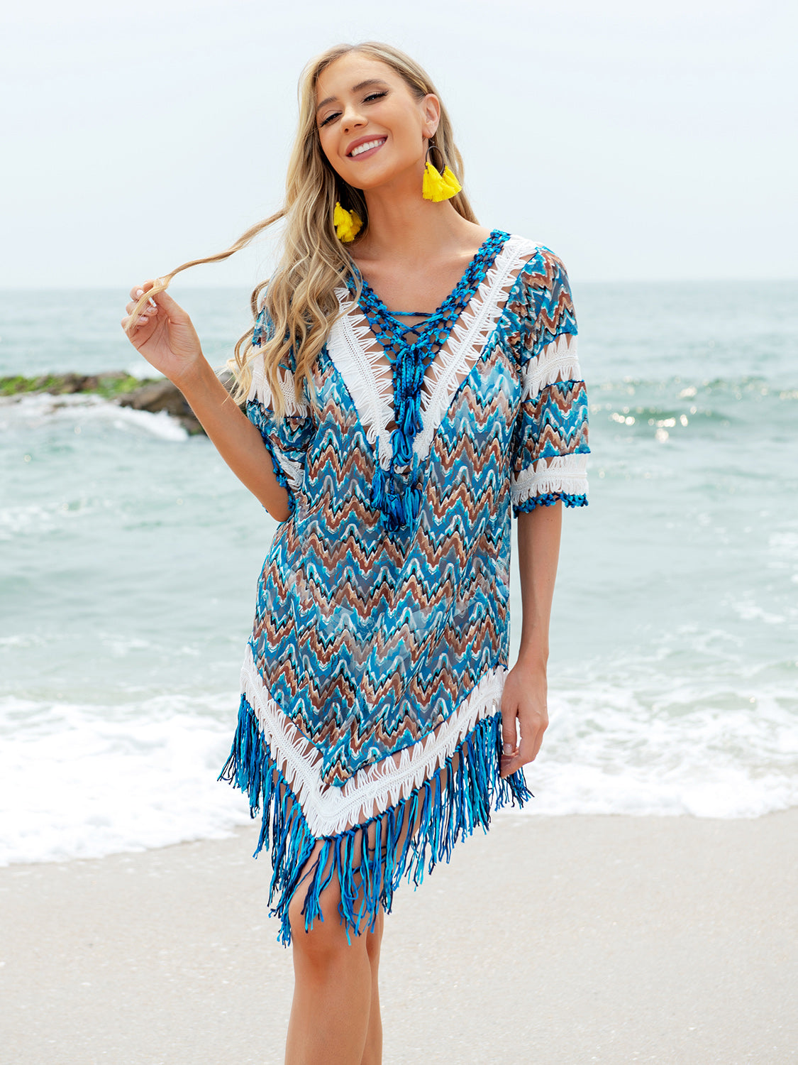 Fringe V-Neck Half Sleeve Cover-Up - ONE SIZE FITS ALL - T - 2 COLORS -