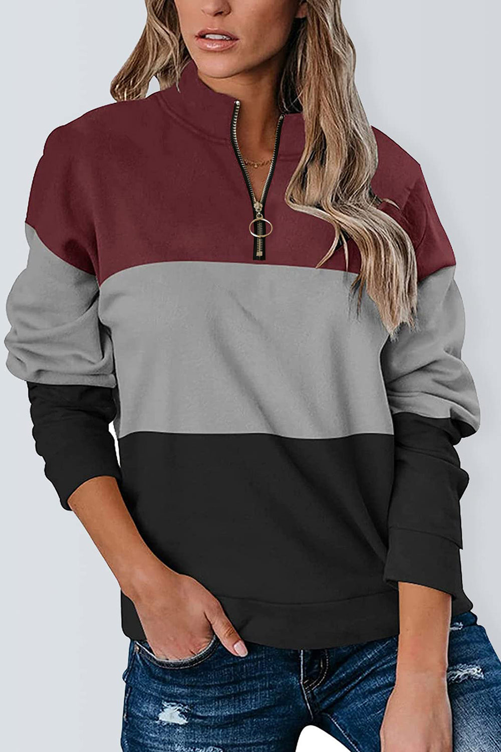 Full Size Color Block Quarter Zip Long Sleeve Sweatshirt - T - 3 COLORS -