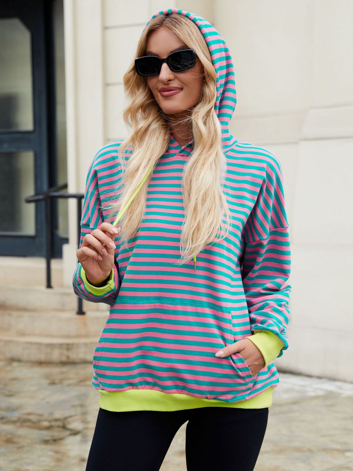 Drawstring Contrast Striped Long Sleeve Hoodie - T - 5 COLORS -