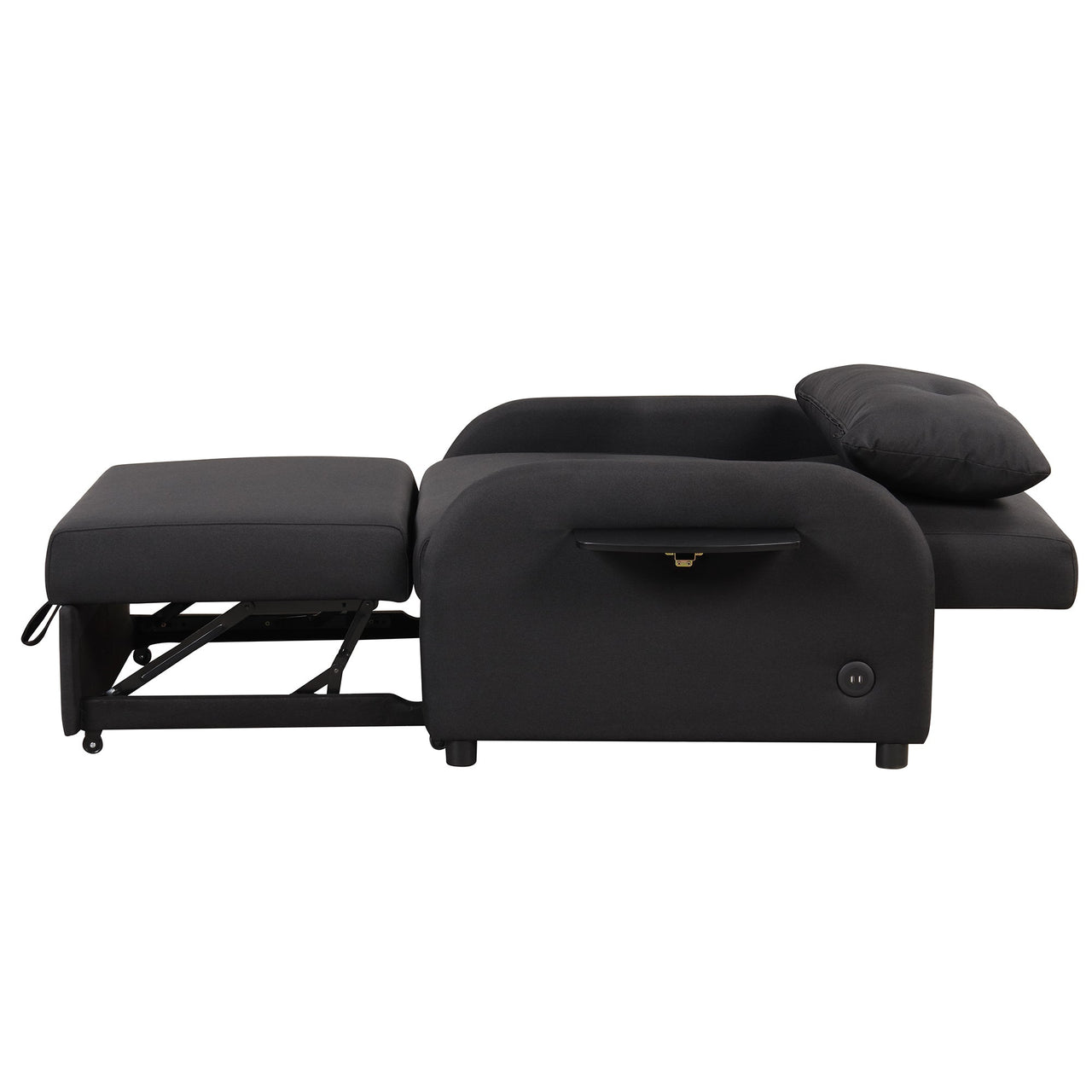 Pull Out Sofa Sleeper 3 in 1 With 2 Wing Table and Usb Charge for Nap Line Fabric for Living Room Recreation Room Black