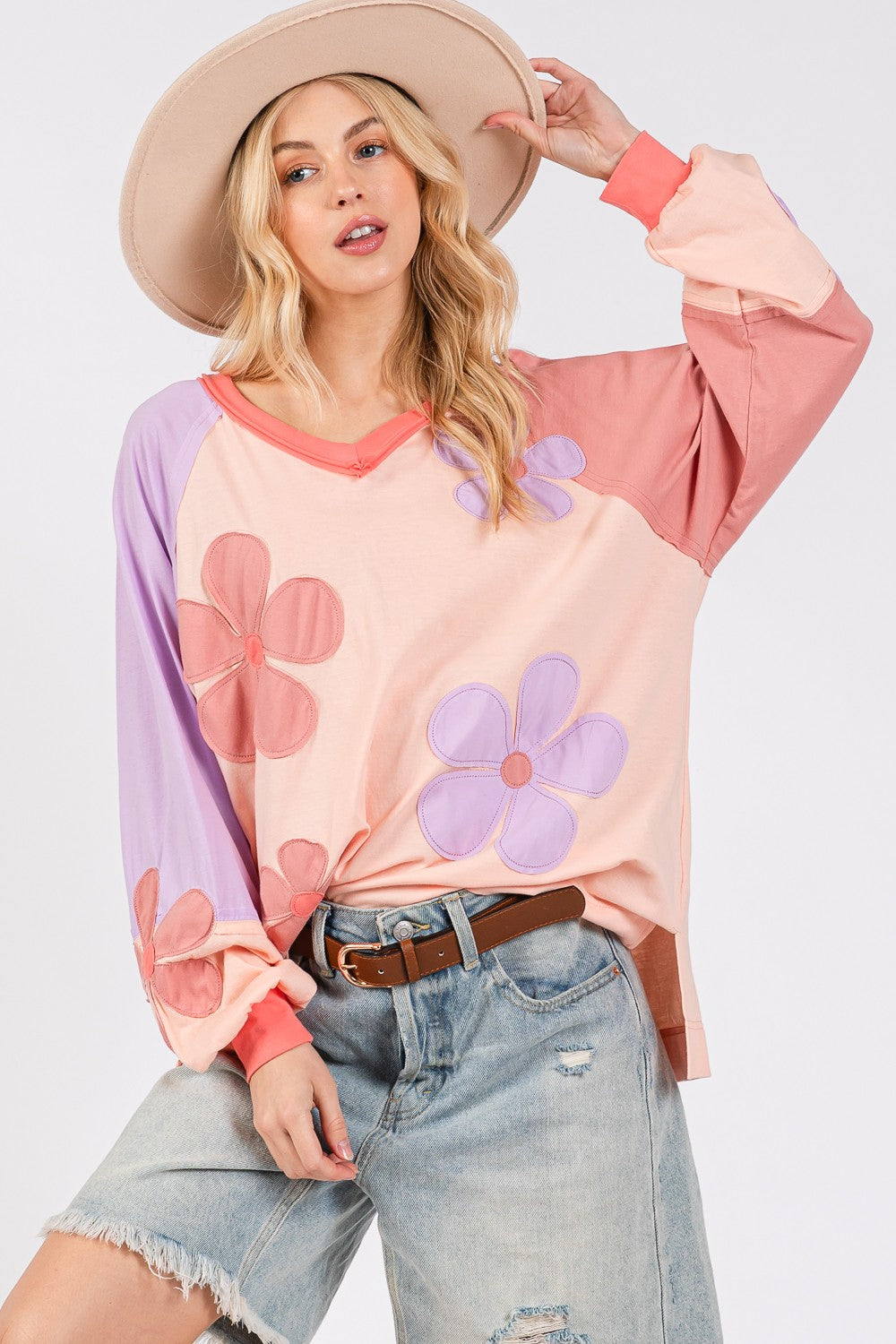 SAGE + FIG Full Size Daisy Applique Patch Color Block Long Sleeve Top - T - 1 COLOR -