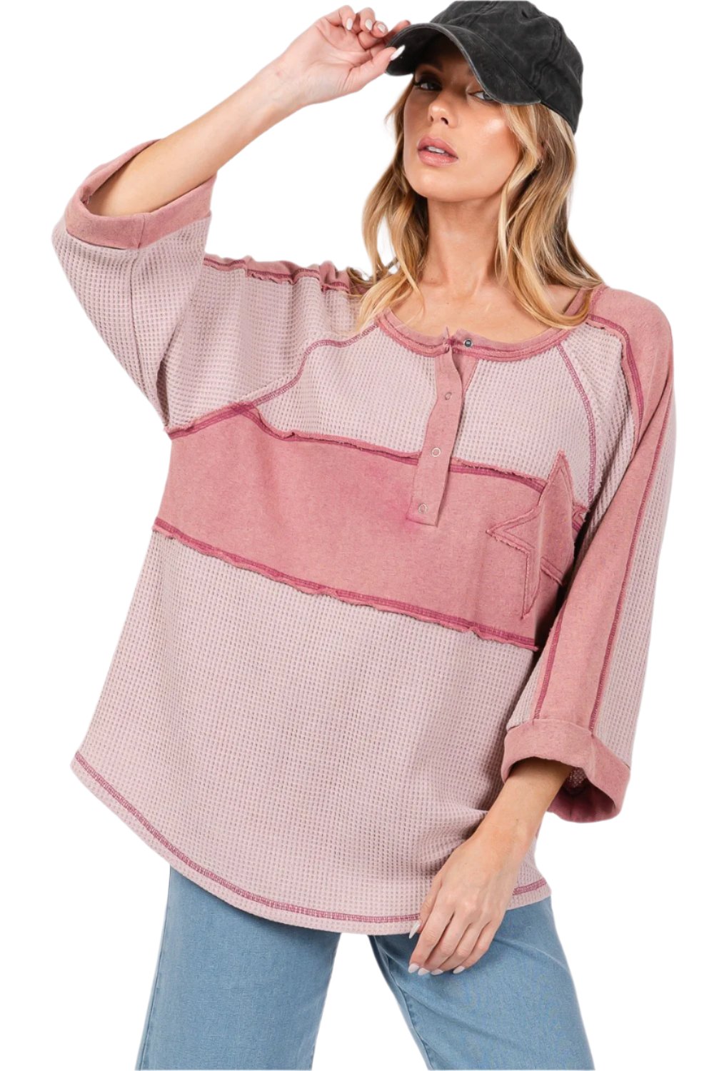 SAGE + FIG Star Applique Patch Exposed Seam Waffle Knit Top - T - 1 COLOR -