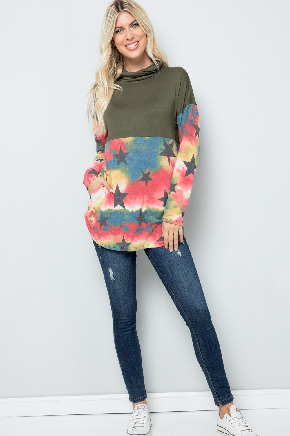 Celeste Tie-Dye Star Print Long Sleeve Blouse - T - 1 COLOR -