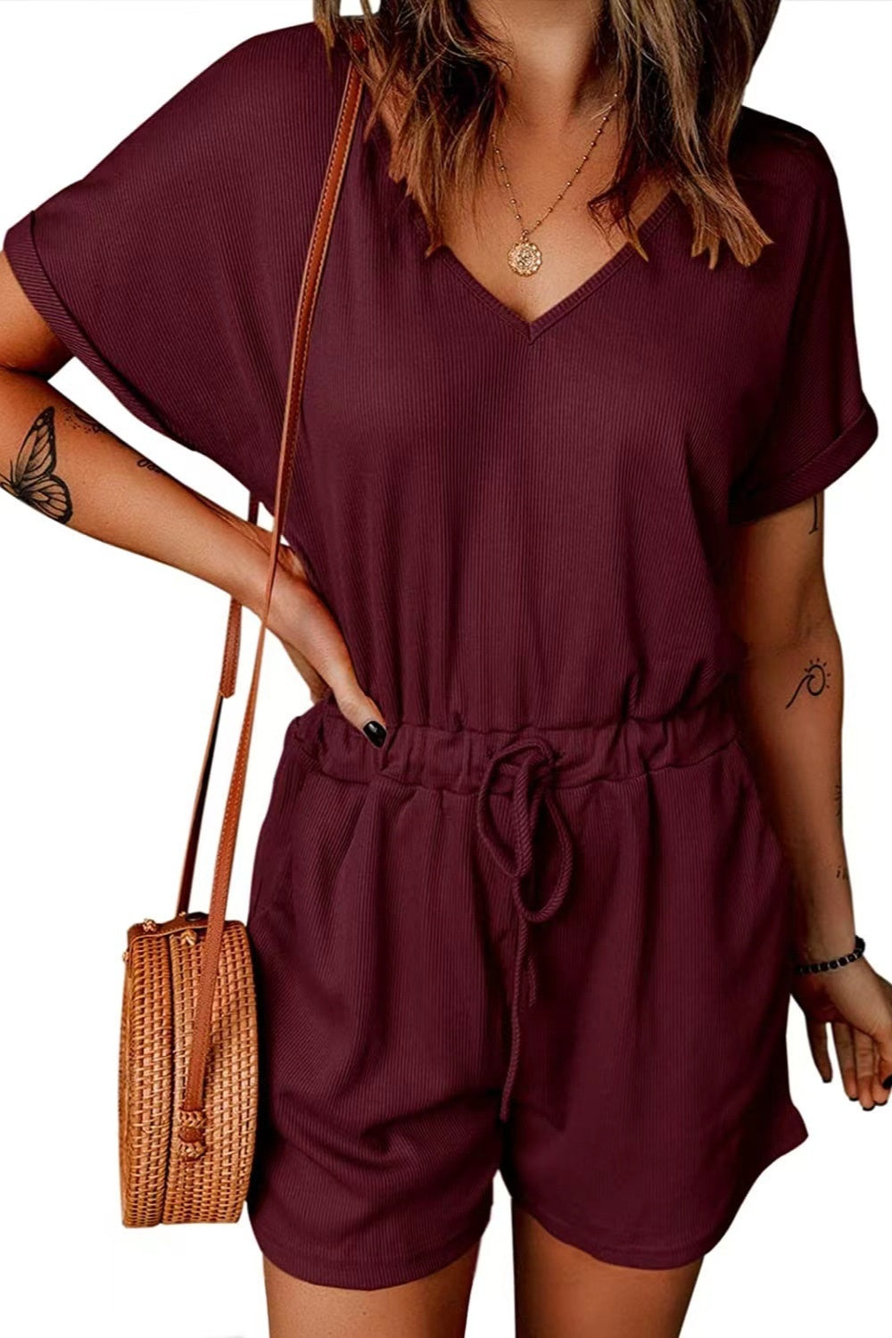 Full Size Drawstring V-Neck Short Sleeve Romper - T - 7 COLORS -