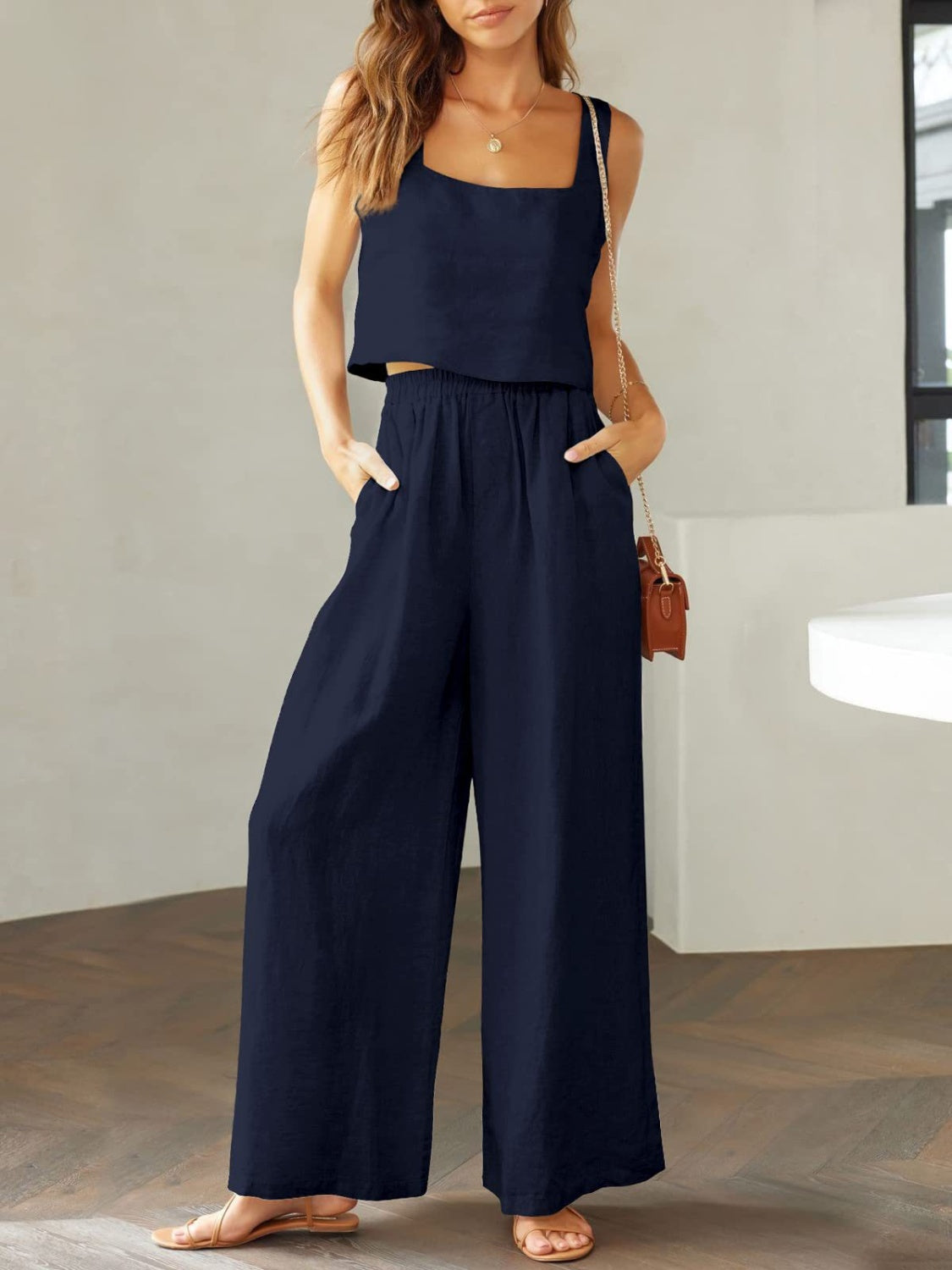 Square Neck Top and Wide Leg Pants set - 2 PCS. - T - 8 COLORS -