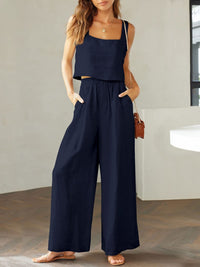 Thumbnail for Square Neck Top and Wide Leg Pants set - 2 PCS. - T - 8 COLORS -