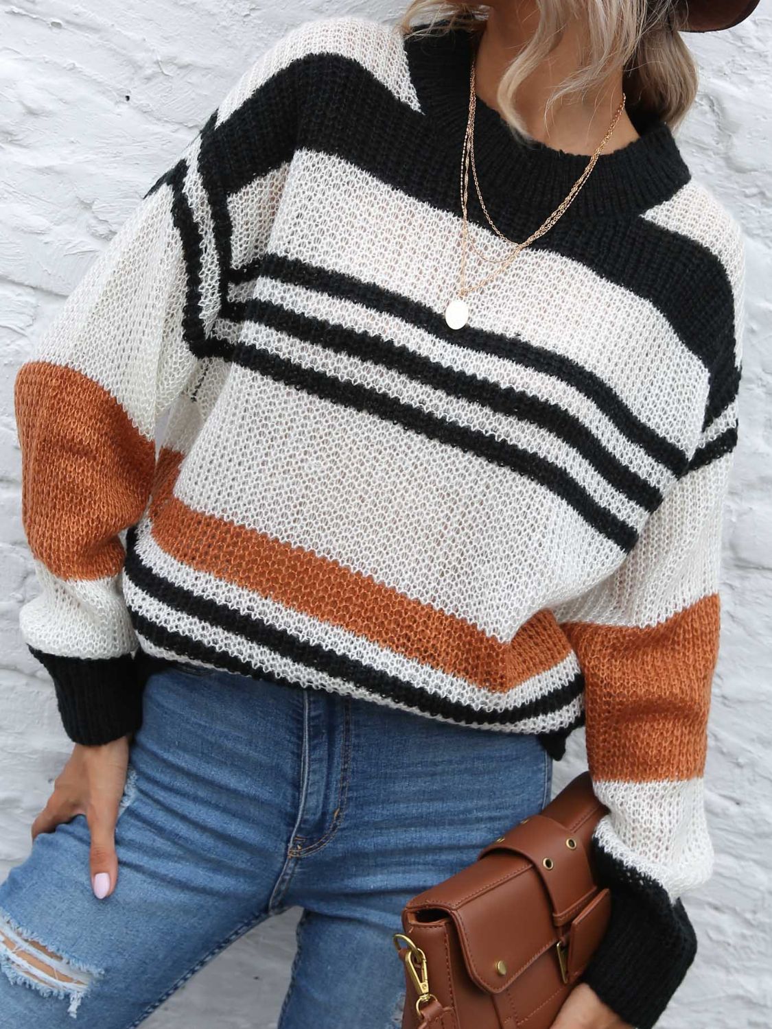 Contrast Striped Round Neck Long Sleeve Sweater - T - 1 COLOR -