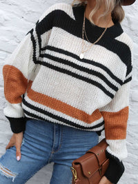 Thumbnail for Contrast Striped Round Neck Long Sleeve Sweater - T - 1 COLOR -