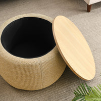 Thumbnail for Round Storage Ottoman, 2 in 1 Function, Work as End Table and Ottoman, Natural (25.5