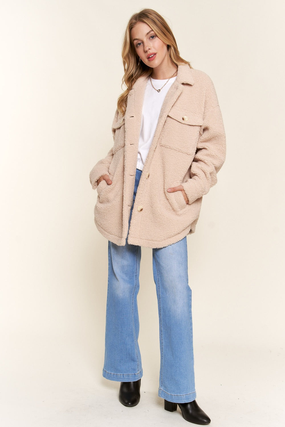 And The Why Teddy Sherpa Button Down Curved Hem Shacket - T - 1 COLOR -