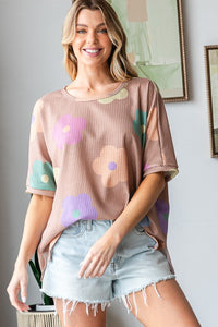 Thumbnail for HOPELY Full Size Floral Round Neck Side Slit Waffle T-Shirt - SIZES S THRU 3XL - T - 1 COLOR -