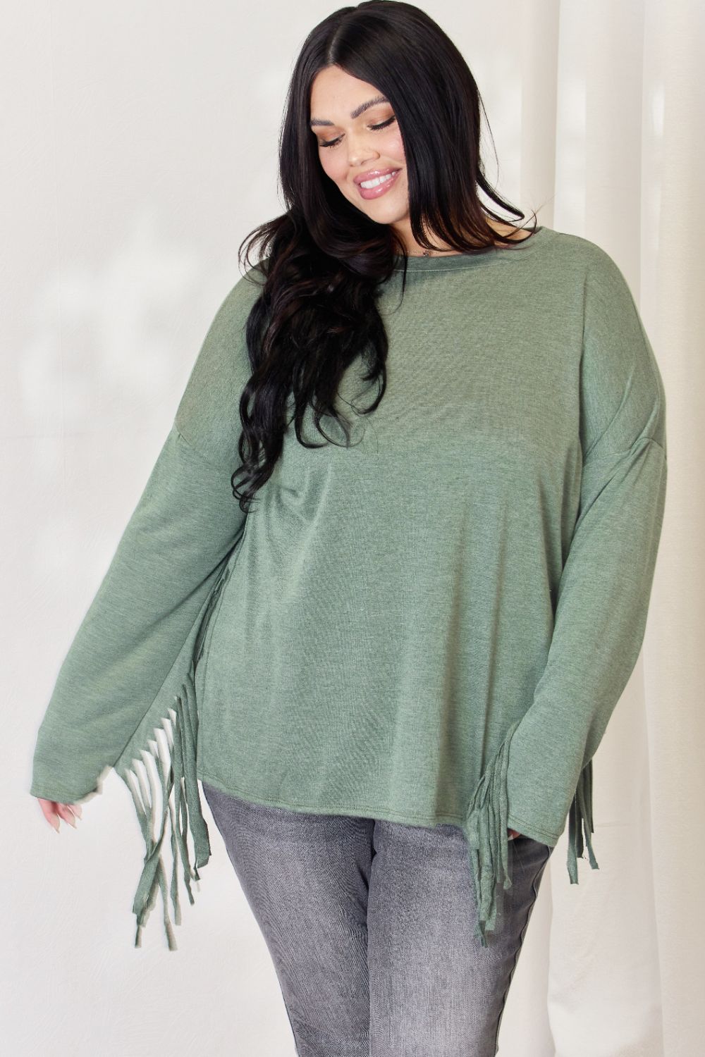 Celeste Full Size Fringe Detail Long Sleeve Top - SIZES S THRU 3XL - T - 1 COLOR -