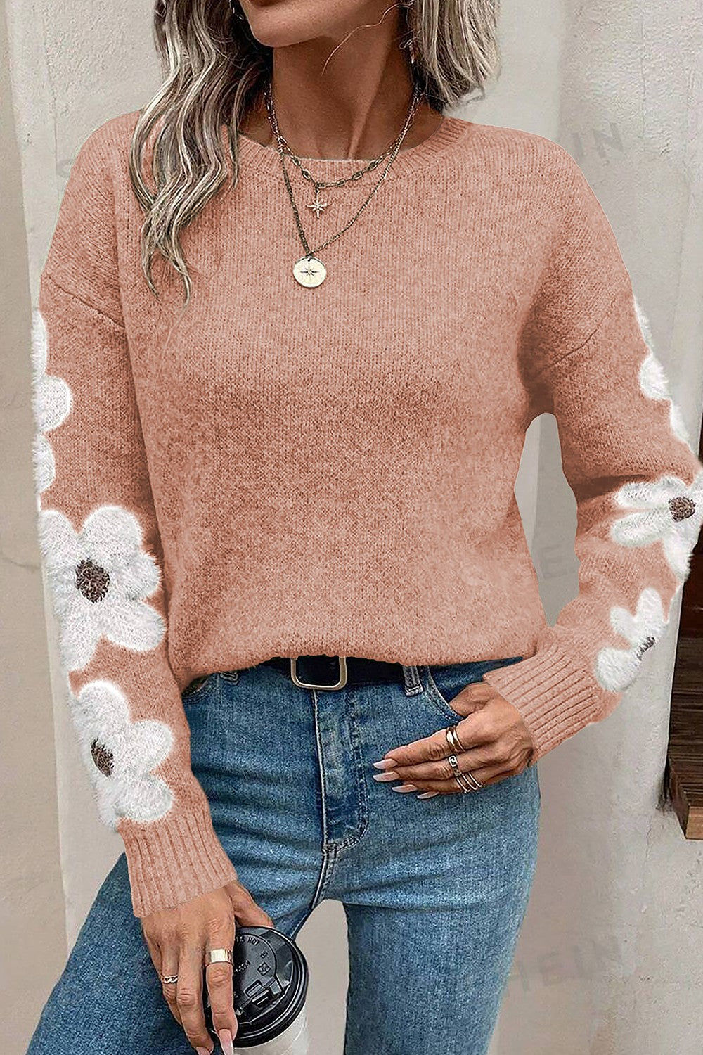 Flower Round Neck Long Sleeve Sweater - T - 5 COLORS -