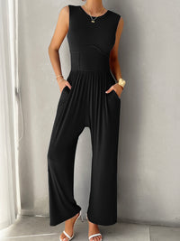 Thumbnail for Round Neck Sleeveless Wide Leg Jumpsuit - T - 4 COLORS -