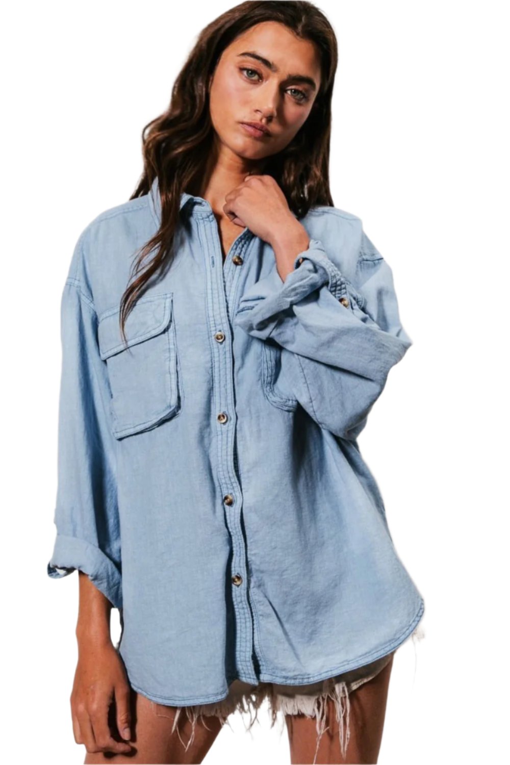 BiBi Button Down Stitch Detail Shirt with Chest Pockets - T - 1 COLOR -