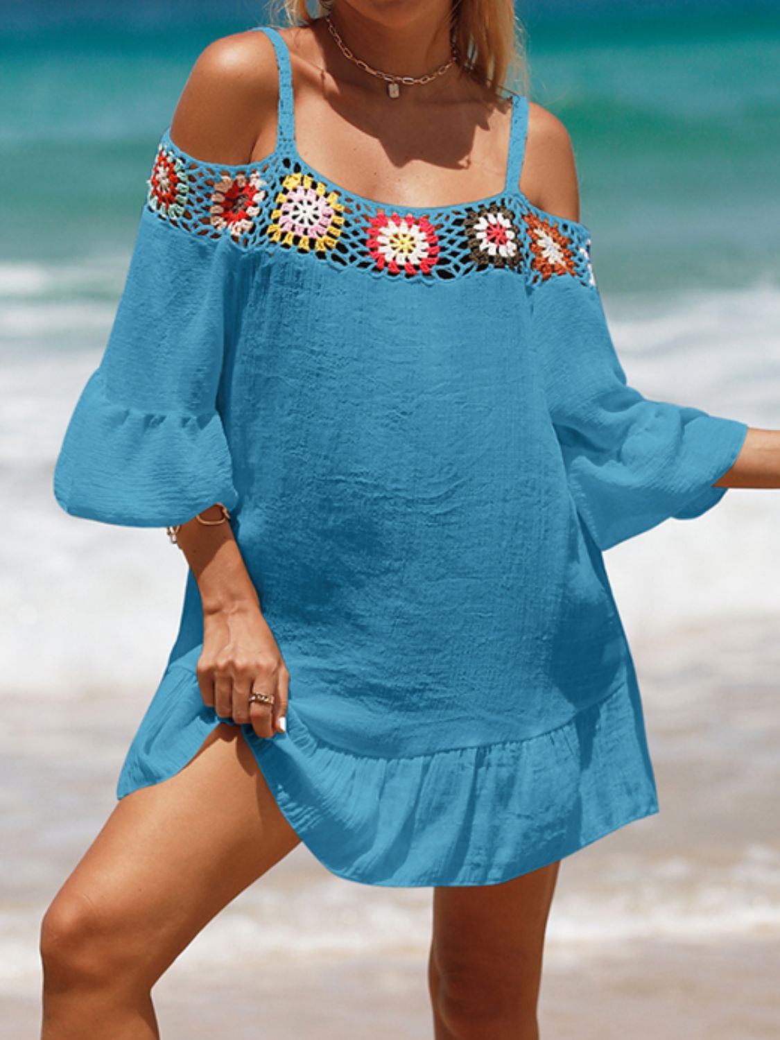 Crochet Cold Shoulder Three-Quarter Sleeve Cover Up - 1 SIZE FITS ALL - T - 6 COLORS -