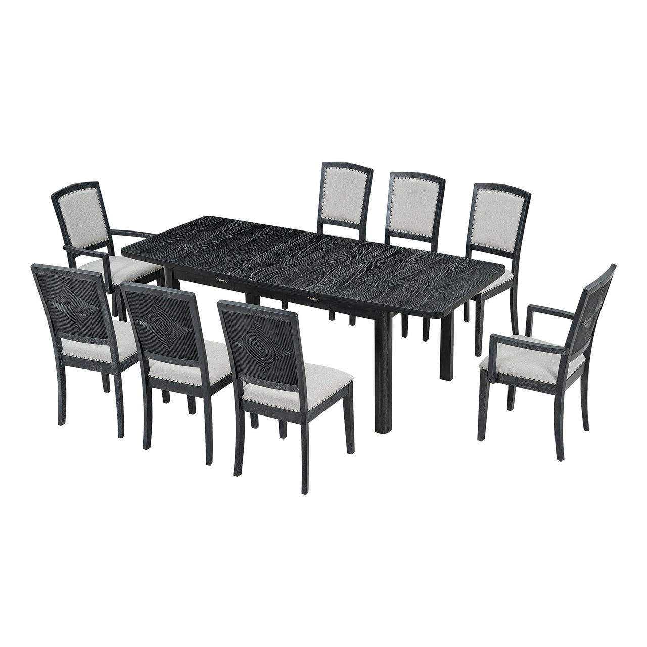 Rustic Extendable 84inch Dining Table Set With 24inch Removable Leaf , 6 Upholstered Armless Dining Chairs and 2 Padded