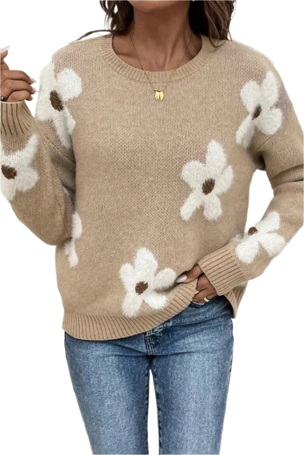 Flower Round Neck Long Sleeve Sweater - T - 1 COLOR -