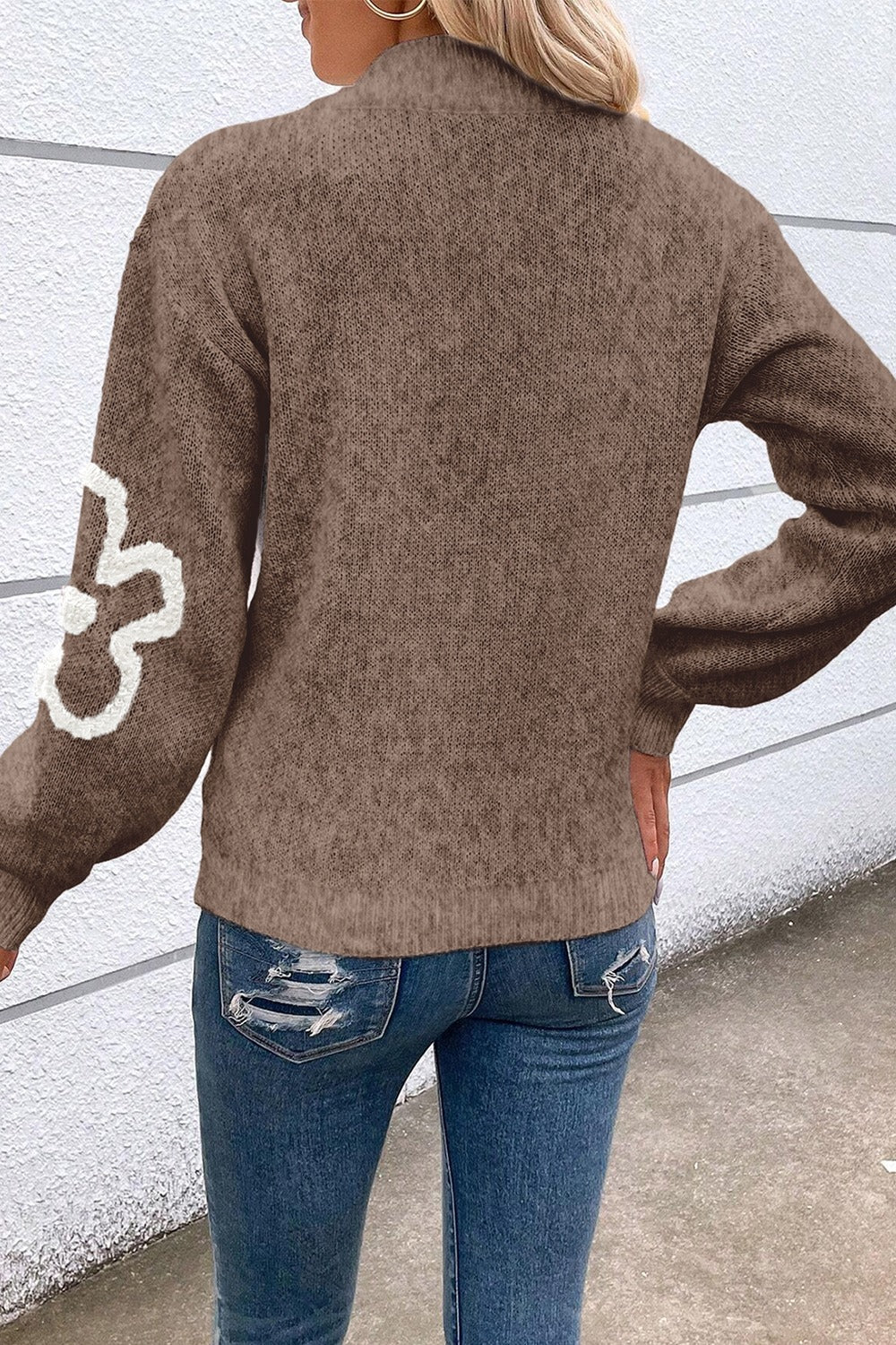 Flower Half Zip Dropped Shoulder Sweater - T - 2 COLORS -