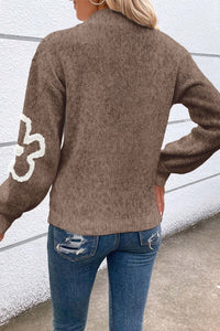 Thumbnail for Flower Half Zip Dropped Shoulder Sweater - T - 2 COLORS -