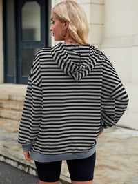 Thumbnail for Drawstring Contrast Striped Long Sleeve Hoodie - T - 5 COLORS -