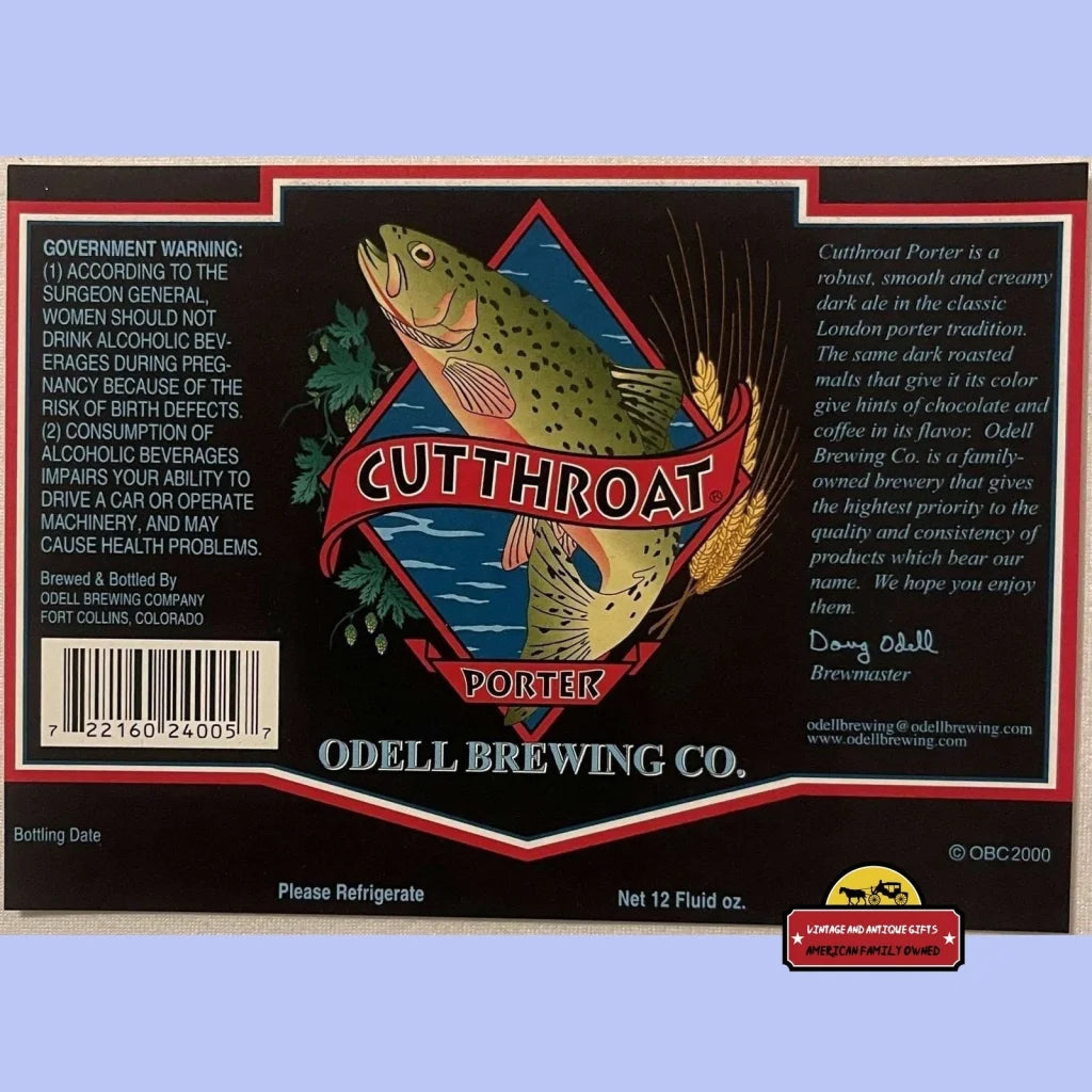 Vintage Cutthroat Porter Label, Odell Brewing Co. Ft. Collins, Co 2000