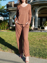 Thumbnail for V-Neck Long Sleeve Top and Pants Set - 2 PCS. - T - 7 COLORS -