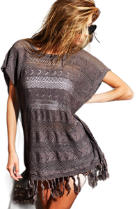 Thumbnail for BiBi Fringed Hem Short Sleeve Knit Top - Beach or Everyday - T - 1 COLOR -