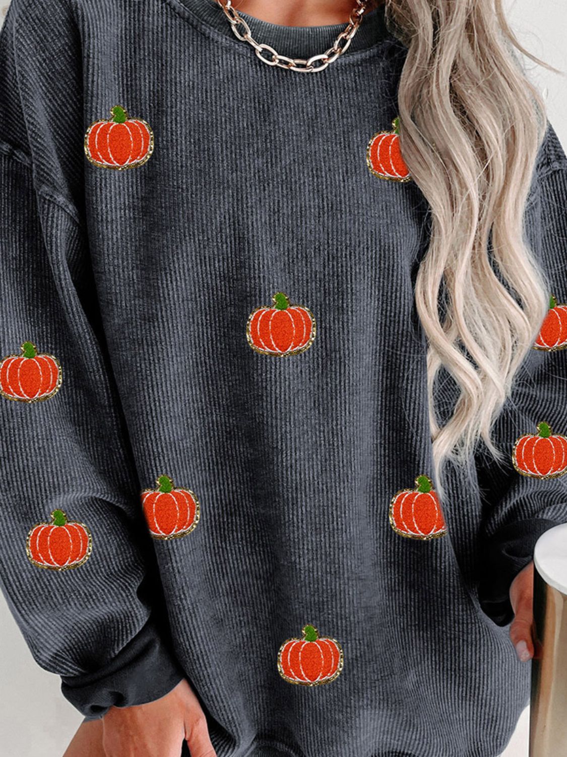 Pumpkin Round Neck Long Sleeve Sweatshirt - T - 2 COLORS -