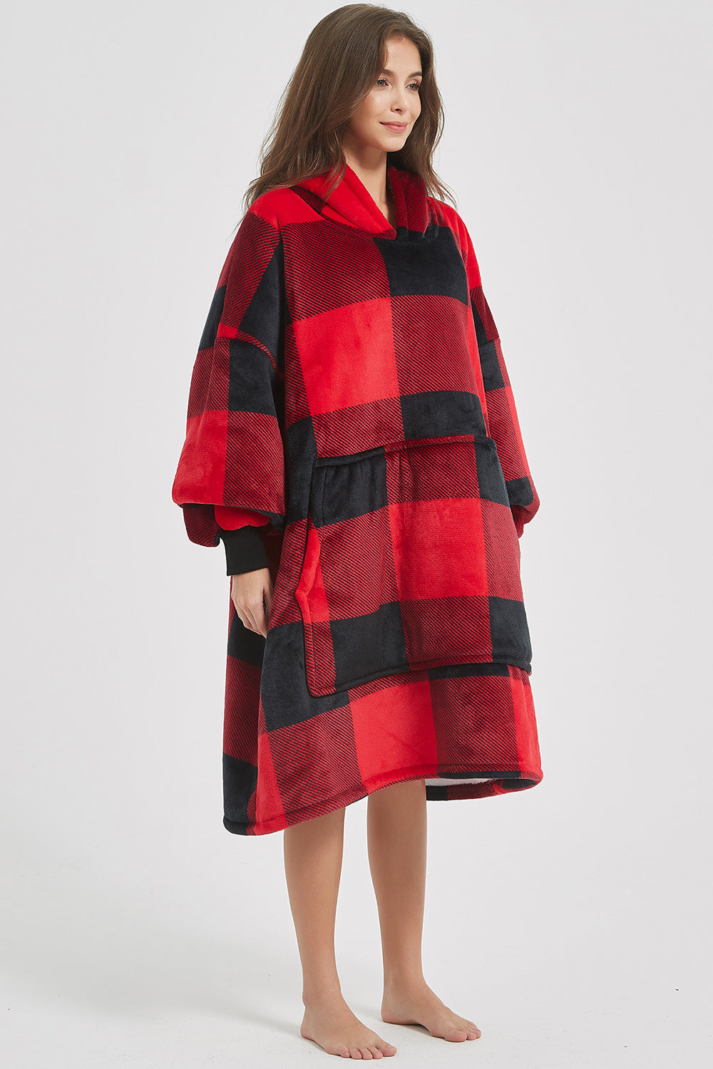 Plaid Hooded Oversize Fuzzy Lounge Dress - 1 LARGE OVERSIZE - T - 1 COLOR -