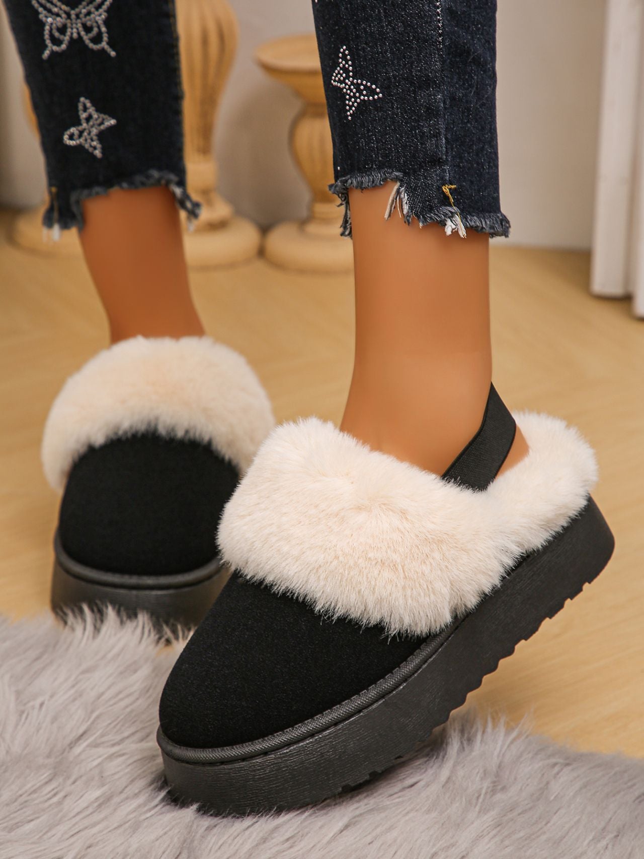 Faux Fur Round Toe Platform Slippers - T - 3 COLORS -