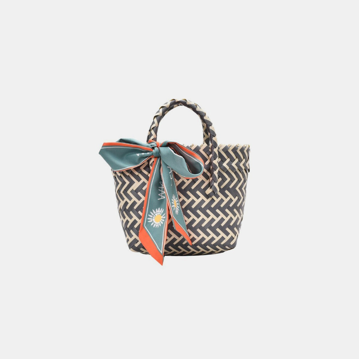 Small Contrast Woven Handbag with Ribbon - T - 4 COLORS -