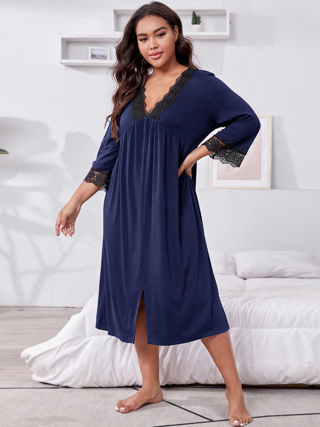 Plus Size Lace Detail V-Neck Lounge Dress - PLUS SIZES ONLY - T - 2 COLORS -