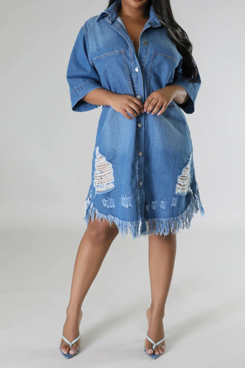 Distressed Raw Hem Button Up Denim Dress - T - LIGHT OR MEDIUM DENIM -