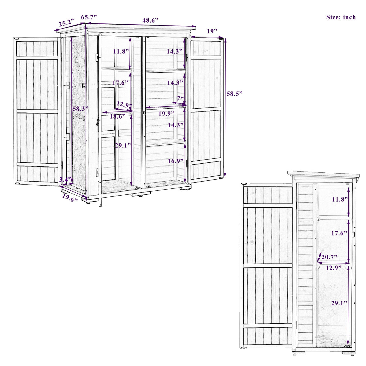 Outdoor 5.5ft Hx4.1ft L Wood Storage Shed, Garden Tool Cabinet With Waterproof Asphalt Roof, Four Lockable Doors, Multip