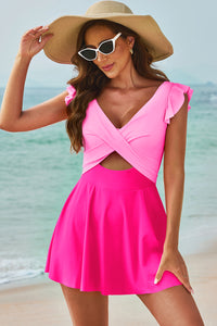 Thumbnail for Cutout V-Neck Cap Sleeve One-Piece Swimwear - T - 2 COLORS -