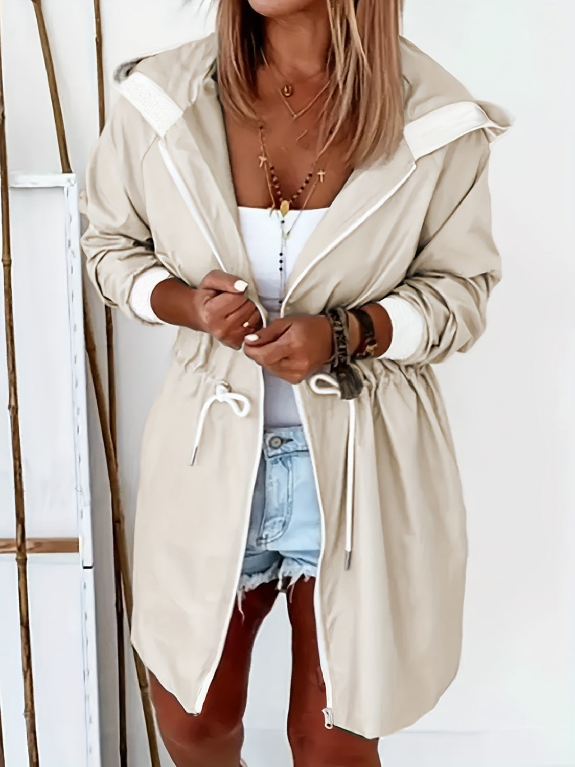 Drawstring Long Sleeve Hooded Trench Coat Jacket - T - 1 COLOR -