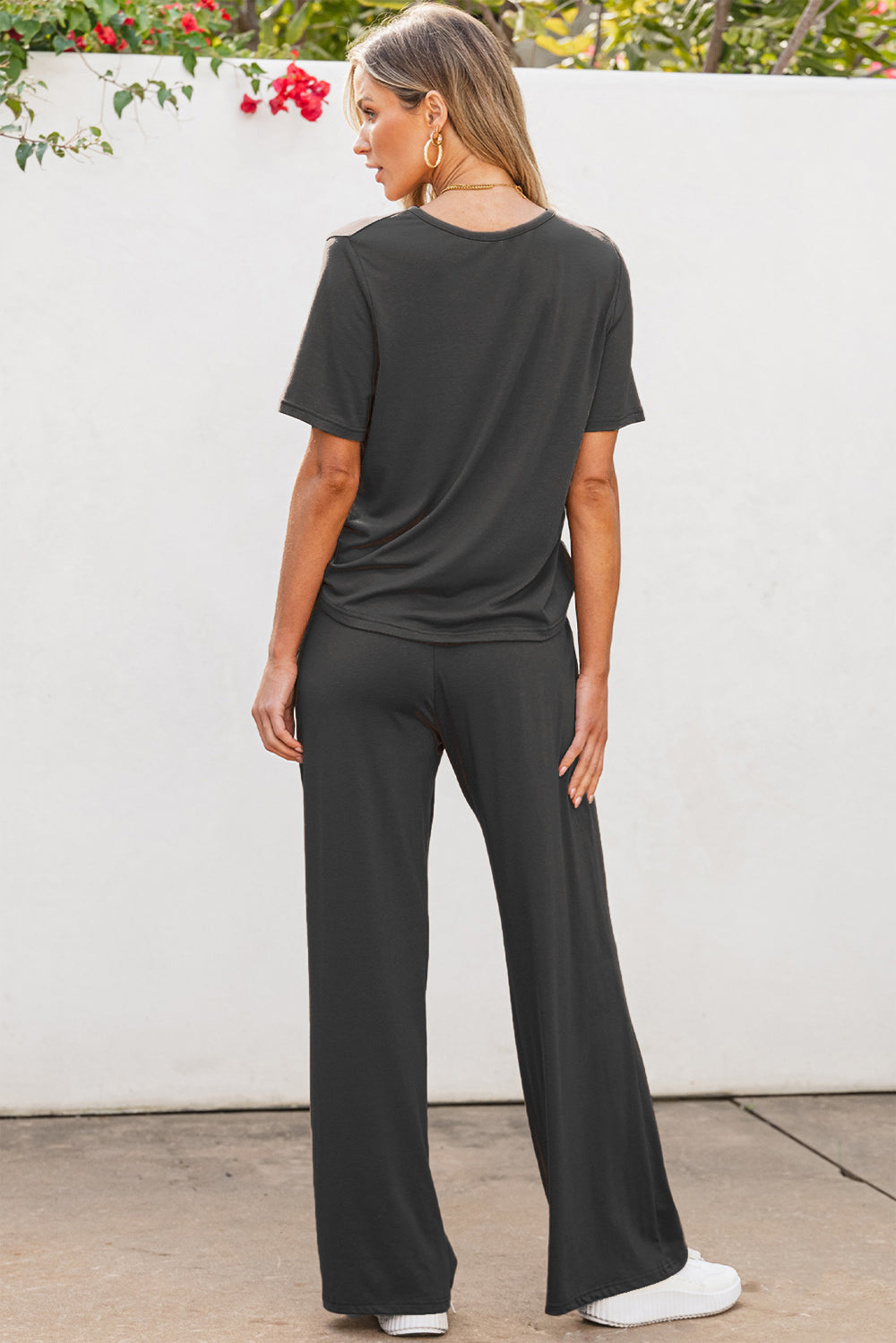 Round Neck Short Sleeve Top and Pants set - 2 PCS. - T - 1 COLOR -